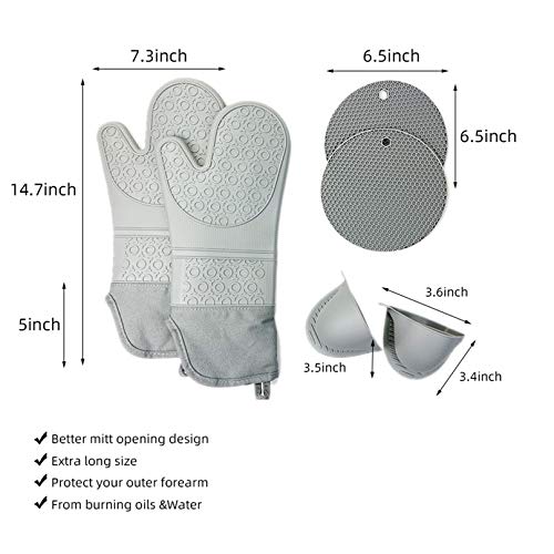 Extra Long Silicone Oven Mitts Baking Set and Pot Holders, 6Pcs Quilted Liner Heat Resistant Non-Slip Gloves with Mini Oven Gloves, Hot Pads for Kitchen Baking Cooking
