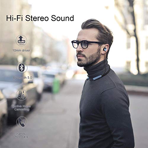 Bluetooth 5.0 Neckband Headphones, Wireless Neckband Headset Stereo Noise Cancelling, IPX5 Waterproof Sports Earphones, Gym, Workout, Travel, Business, Magnetic Earbuds – Blue
