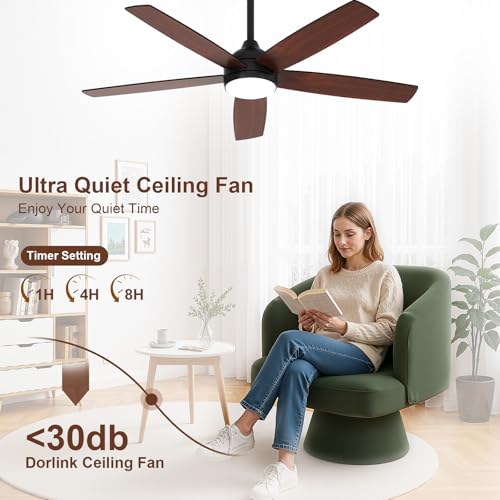 Dorlink Ceiling Fans with Lights and Remote, 52 Inch Flush Mount Ceiling Fan Light for Bedroom, Low Profile LED Ceiling Light with Fan, 6 Speeds Quiet DC Motor, Dimmable Reversible, Walnut/Black