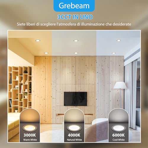Grebeam Pack of 20 LED Recessed Spotlights for Plasterboard, 5W, Round, Warm White 3000K/Neutral White 4000K/Cool White 6000K Adjustable, Hole Ø75-90 mm, LED Ceiling Spotlights for Bathroom Kitchen