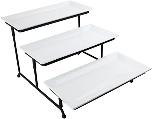 Food Serving Tray Set: 3 Tier Metal Display Stand with 3 White Rectangular Stoneware Platters | Perfect for Party Foods, Desserts, Cakes & Cupcakes by Chef's Medal - Thumbnail 3