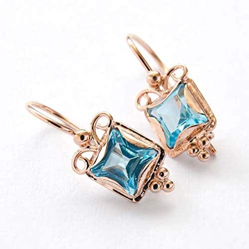 Square Blue Topaz and Rose gold earrings Handmade