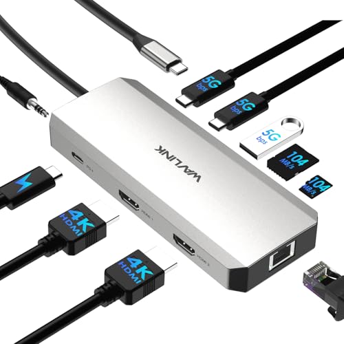 Station d'accueil USB-C 10 en 1 WAVLINK Double HDMI 4K@60 Hz, ports USB-A/C 3.0, lecteur SD/TF, entrée PD 100 W, Ethernet Gigabit et port audio Compat Dell, HP, Lenovo