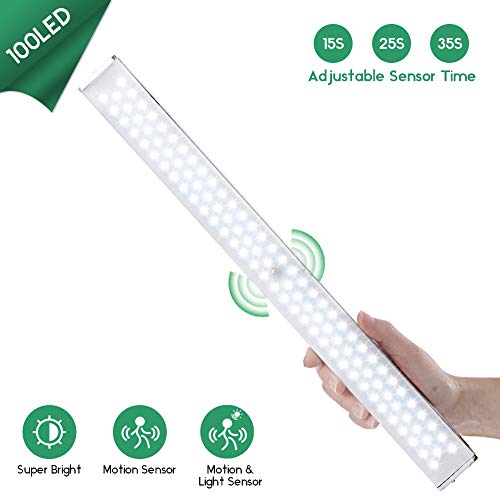 Under Cabinet Motion Sensor Lighting, 100 LED, 6000K Cool White, Rechargeable Closet Motion Sensor Light with 3 Light Timer & 2 Sensor Mode