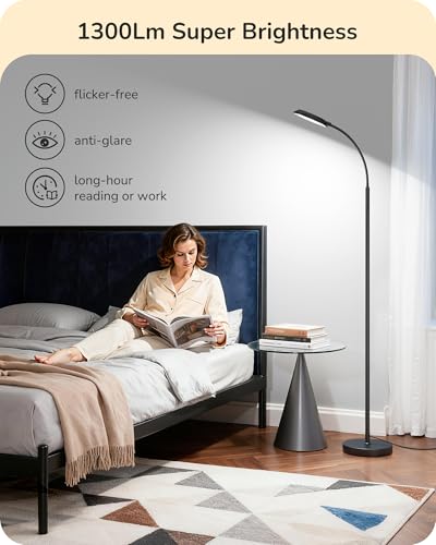 EDISHINE LED Floor Lamp, 1300LM Super Bright Reading Floor Lamps for Living Room, Dimmable 4 Color Temperature Standing Lamp, Remote & Touch Control, Adjustable Gooseneck Lamp for Bedroom Office Black