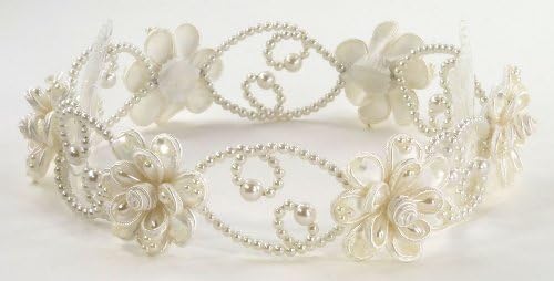 Beautiful pearly bun ring of wired pearl loops and satin flower accented with pearls and bugle beads #81D7iv