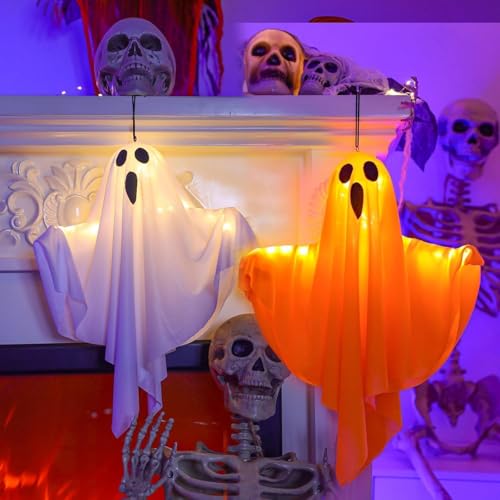 2Pack Halloween Hanging Light Up Ghost Decorations Outdoor,Glowing Ghost Scary Ghosts Decor for Yard Tree Lawn Garden Party (White + Orange)