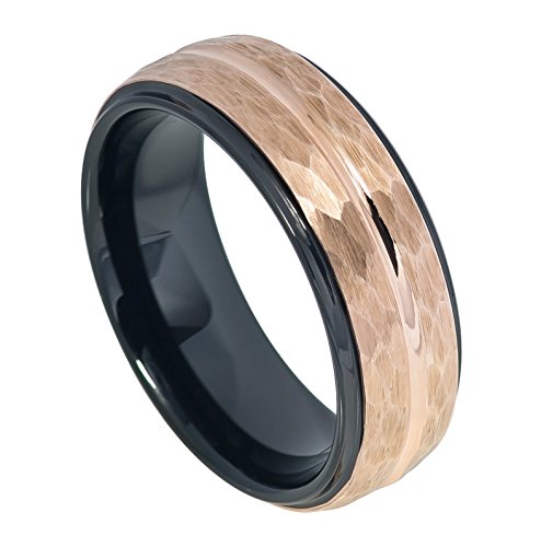 Tungsten Carbide - 8mm Two-tone Black IP Inside Rose Gold IP Hammered Finish with Center Groove Stepped Edge Wedding Band Ring