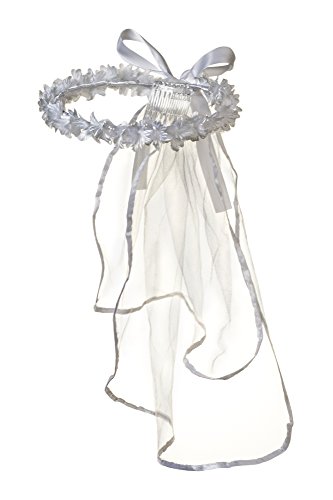Girls First Communion White Flower Blossom Tulle Veil Headpiece with Bow