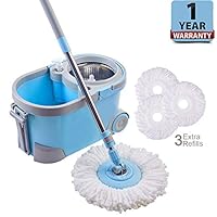 ALLZONE Spin Mop Bucket with Wringer On Wheels, Hardwood Floor Cleaning System, with 3 Microfiber Mop Refills, Blue