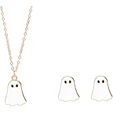 A-yeite Cute Cartoon Ghost Pendent Necklaces Earrings Jewelry Set for Women Men Black White Ghost Necklace Cosplay Halloween Costume Party Festival Gift