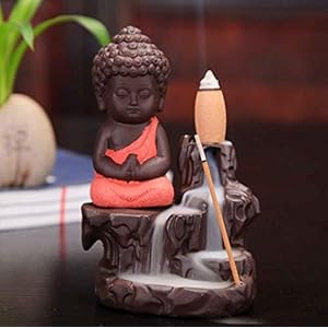COUNTRY HUB Handcrafted Meditating Waterfall Cone Smoke Lord Buddha Decorative Showpiece with 10 Smoke Cones (Orange , 4…