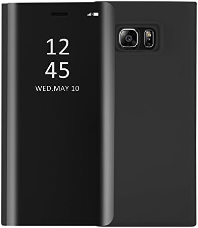 Samsung Galaxy S6 Edge Plus Case, Mupoo Luxury Smart Clear View Window Metal Electroplate Plating Stand PC Mirror Flip Folio Case 360 Degree Full Body Shockproof Protective Cover - Black