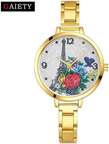Hunputa Womens Girls Floral Printed Stainless Steel Band Analog Quartz Round Wrist Watches Gift (Gold)