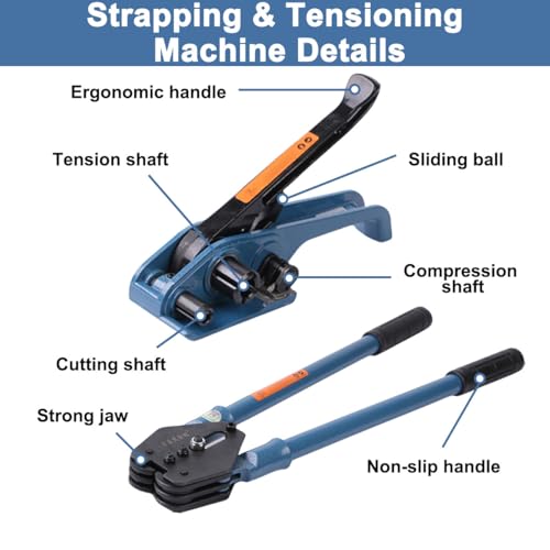Strapping Tool Kit 4-in-1 PET/PP Handy Baler Packing Strap Tensioner, Heavy Duty Manual Pallet Packaging Strapping Banding Cutter with Tensioner Sealer, 250M Belt, 100 Metal Seals for Hose Clamp Cable