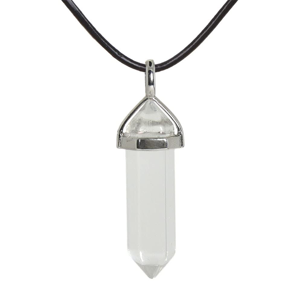 Natural Clear Quartz Gemstone Hexagonal Pointed Reiki Chakra Pendant Genuine Leather Necklace 18" — image 1
