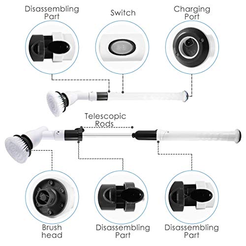 Electric Spin Scrubber, 360 Cordless Rechargeable Tub and Tile Scrubber with 3 Replaceable Cleaning Brush Heads, Extension Handle and Adapter for Bathroom, Kitchen, Floor - Thumbnail 3