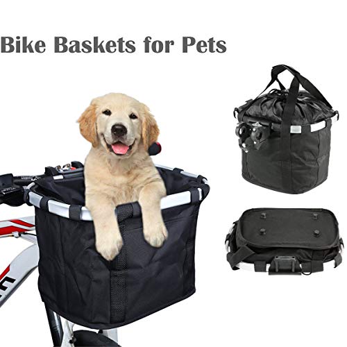 HAAMIIQII Black Bike Basket for Dogs, Foldable Small Pets Cats Dogs Carrier Front Removable Bicycle Handlebar Basket Quick Release Easy Install Detachable Cycling Bag Mountain Picnic Shopping