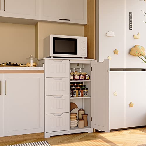 Gizoon Bathroom Floor Storage Cabinet with 4 Drawers, Freestanding Storage Organizer Cabinet with Door and Adjustable Shelves Wooden for Small Places in Kitchen Bathroom Entryway, White