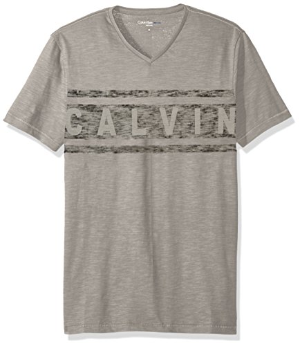 Calvin Klein Jeans Men's Short Sleeve Stripe Calvin V-Neck T-Shirt, Chrome, MEDIUM