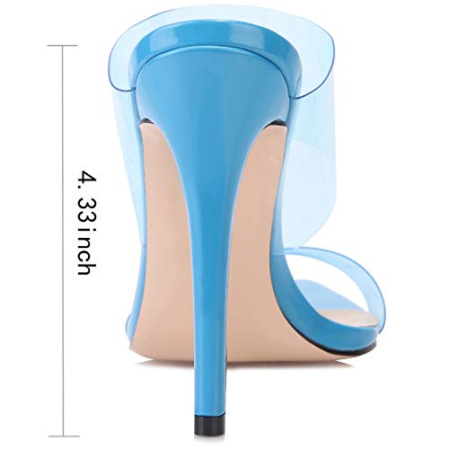 vivianly Womens Sexy Clear High Heels Transparent Strap Pointed Toe Mules Sandals Stiletto Heel Slip on Dress Shoes Blue - Thumbnail 4