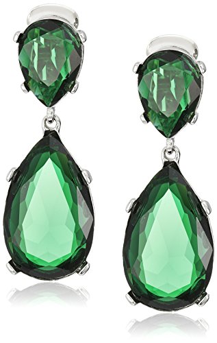 Kenneth Jay Lane Emerald-Color Teardrop Silver Clip Earrings