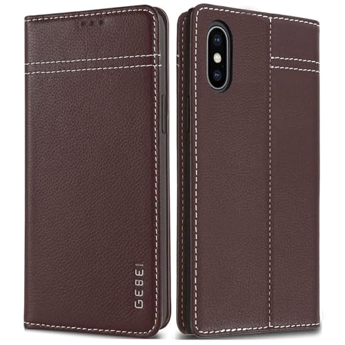 Gebei Hülle Echt Leder für iPhone X, iPhone XS - Premium Lederhülle Klapphülle mit Standfunktion und Kartenfächer Flip Case Ledertasche für iPhone X,