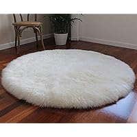 Genuine Sheepskin Rug Silky Long Wool Carpet Round Area Rug for Living Room Bedroom (White,3.2 ft Diameter)