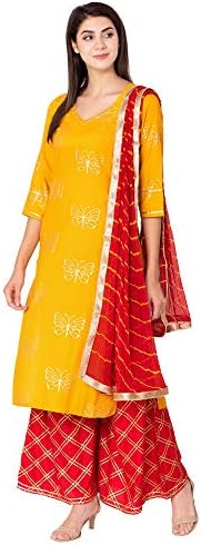 Ortange Women's Rayon Gold Print Kurta And Palazzo With Printed Dupatta Set