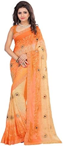 Li Te Ra Orange Chiffon Aari Embroidered Saree
