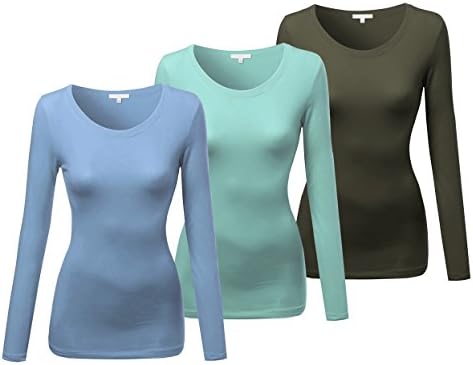 Emmalise Junior Women's Crew Round Neck Long Sleeve Shirts Tee Top - 3 Pack Deal(Sf Mnt,Ds Bl,Ov-L)