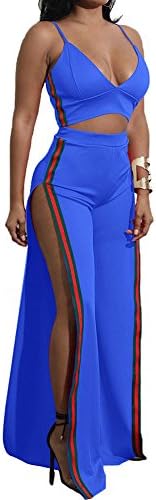 Enggras Women's Spaghetti Strap Cami Crop Top and High Side Slit Wide Leg Pant Jumpsuit Set Blue S