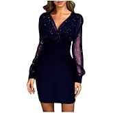 OSCORP Women’s Deep V Neck Sheer Mesh Sleeve Sequin Bodycon Mini Dress – Glitter Stripe Star Flared Hem Party Dress