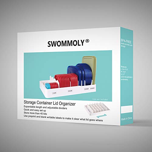 SWOMMOLY Expandable Food Storage Container Lid Organizer, Includes 6 Adjustable Dividers, 30 Preprinted and Blank Writable Labels, White