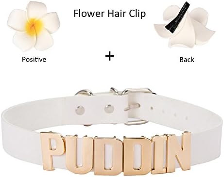 NEW Adjustable High Neck White and Black Belt Gold Puddin Choker Necklace Egg Flower Hairpin Set Collar for Women and Girls Kids Cosplay Games(About 2.2 CM Width) (White Chain and Golden Word)