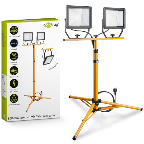 Goobay 2 x 50W Baustrahler LED mit Stativ einstellbar und 2,5m Kabel für Baustelle, Werkstatt oder Keller - IP65 Baulampe LED für Innen- & Außenbereich - Strahl