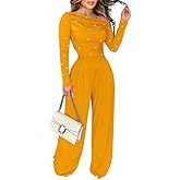 Ninimour Jumpsuits For Women Dressy Pearls Decor Long Sleeve One Piece Outfits For Women Casual Ruched Wide Leg Rompers
