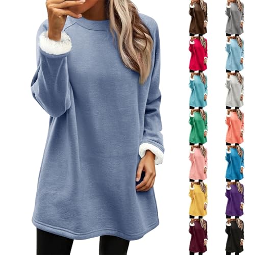 Women’S Fleece Lined Sweatshirt Crew Neck Pullover Warm Long Sleeve Soft-Ladies Sweatshirts Without Hood Uk Solid Color Sherpa Lined Thermal Jumper Casual Top For Winter Cozy Lounge & Outdoor Wear