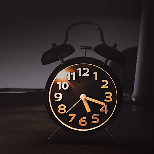 Kimdio 4'' Twin Bell Vintage Alarm Clock with Backlight, Metal Frame Stereoscopic Dial, Battery Operated Travel Clock, Desk Table Clock for Kids, Home, Office etc. (Black) - Thumbnail 6