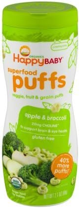 Organics HappyBaby, Superfood Puffs, Apple &amp; Broccoli, 2.1 Oz. (3 Canisters)