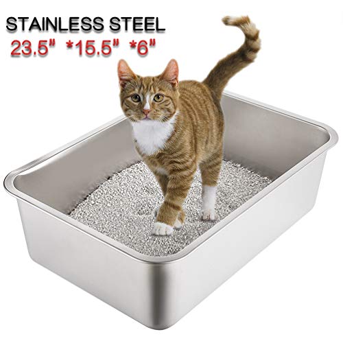 Yangbaga Stainless Steel Litter Box for Cat and Rabbit, Odor Control Litter Pan, Non Stick Smooth Surface, Easy to Clean, Never Bend, Rust Proof, Large Size with High Sides and Non Slip Rubber Feets