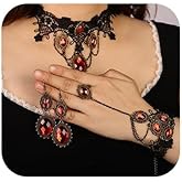 Missgrace Boho Punk Black Tassels Lace Red Crystal Choker Necklaces Earrings Bracelet Set Gothic Accessories Halloween Gothic Punk Black Beads Necklace Earrings Bracelet Set for Women