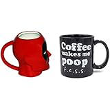 Deadpool 8oz Molded Mug and F.e.s.s Coffee Makes Me Poop Ceramic Coffee Mug, Black with White Letters, 11-Ounce