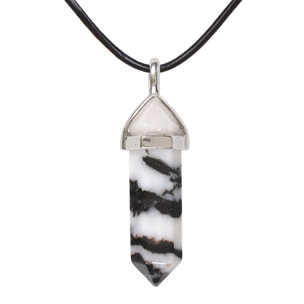 Natural Zebra Jasper Gemstone Hexagonal Pointed Reiki Chakra Pendant Genuine Leather Necklace 18" โ image 1