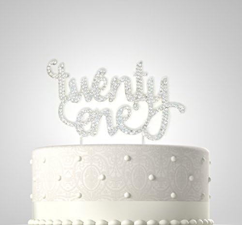 Rubies &amp; Ribbons "twenty one" Metal with Rhinestones Birthday Cake Topper Party Decoration with Gift Box (Silver)