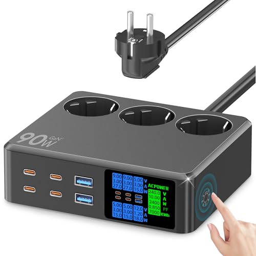 CKCN Power Strip with USB C 6-Port (90 W), Socket Cube 2500 W with LED Display, Multiple Socket with USB Charging Station, Multiple PD Surge Protection Sockets, Extension Cable, 1.2 m, Black