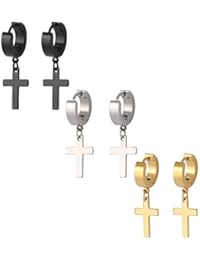 3 Pairs Stainless Steel Hoop Earrings with Cross for Men Women
