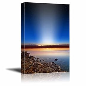 Canvas Prints Wall Art - Peaceful Sunset Dark Blue Sky, Smooth Serene Sea, Stars in Space, Spotlight in Sky - 12" x 18"
