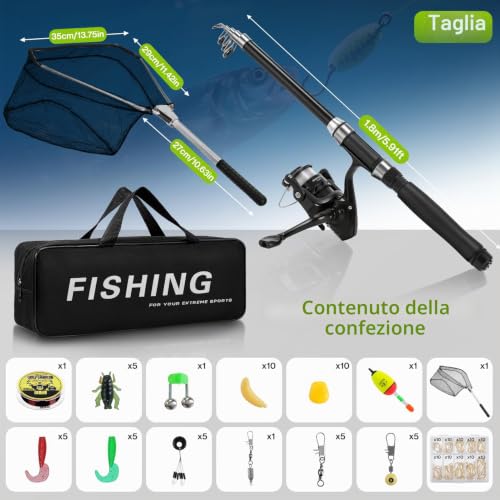 Lomffy Canna da Pesca e Mulinello Combo Set, 1.8M Kit di Esche da Pesca e Borsa con Rete Set Combinato Canna da Pesca Telescopica e Mulinello con Linea Borsa da Trasporto per Acqua Dolce Acqua Salata