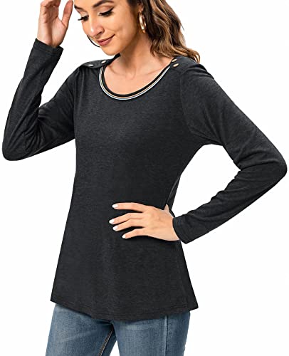 HUSKARY Black T Shirts for Women Long Sleeve Round Neck Button Decor Causal Blouse